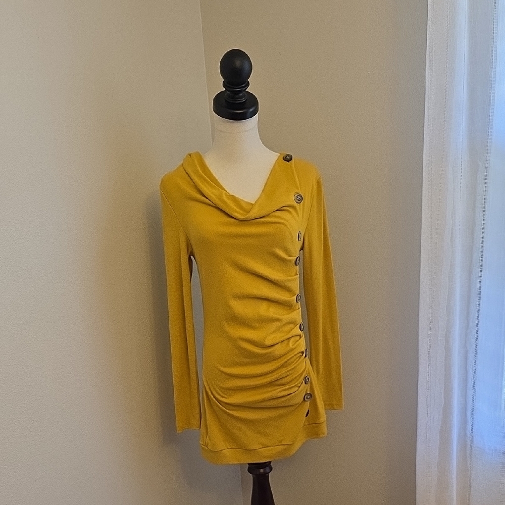 Allegra K Yellow Cowl Neck Button Tunic Top